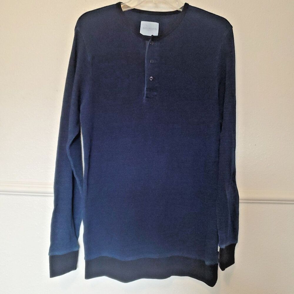 Saturdays NYC Shirt Men's Large Navy Blue Waffle Knit Henley Long Sleeve Shirt